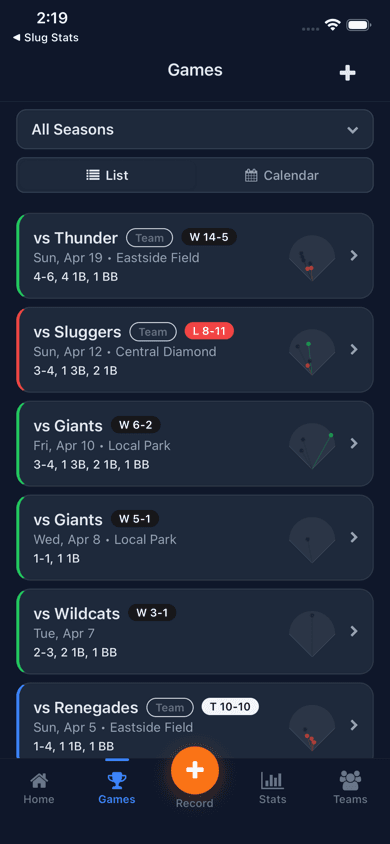 Team games list with win/loss badges and per-player at-bat lines