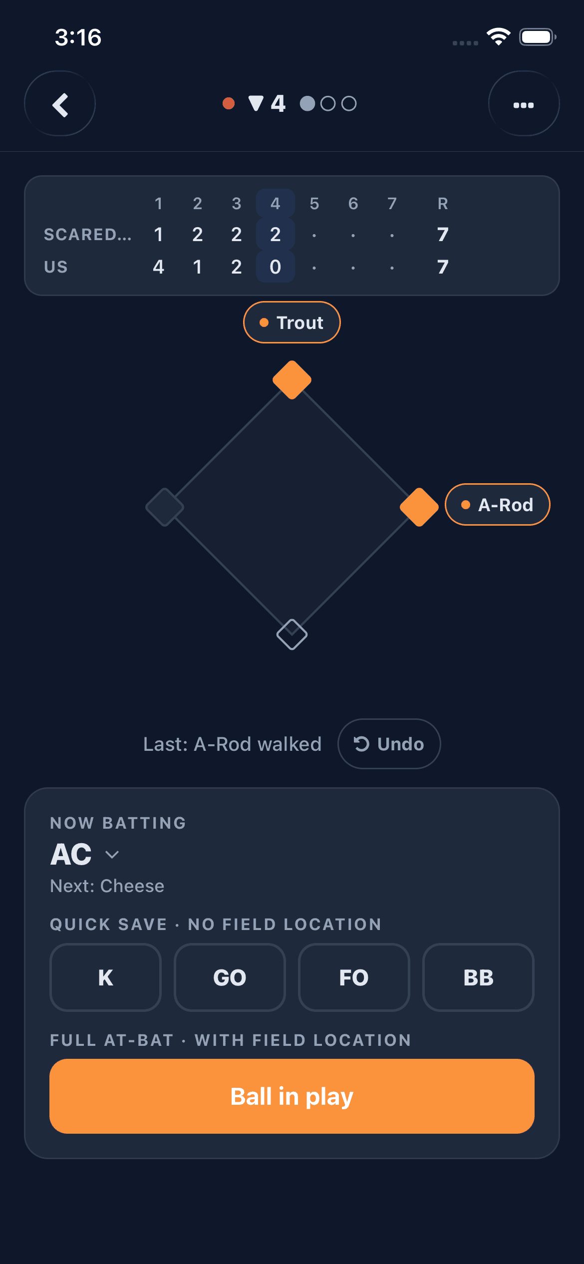 Live scoring: a line score, the bases diamond with runners on, and the current batter ready to record